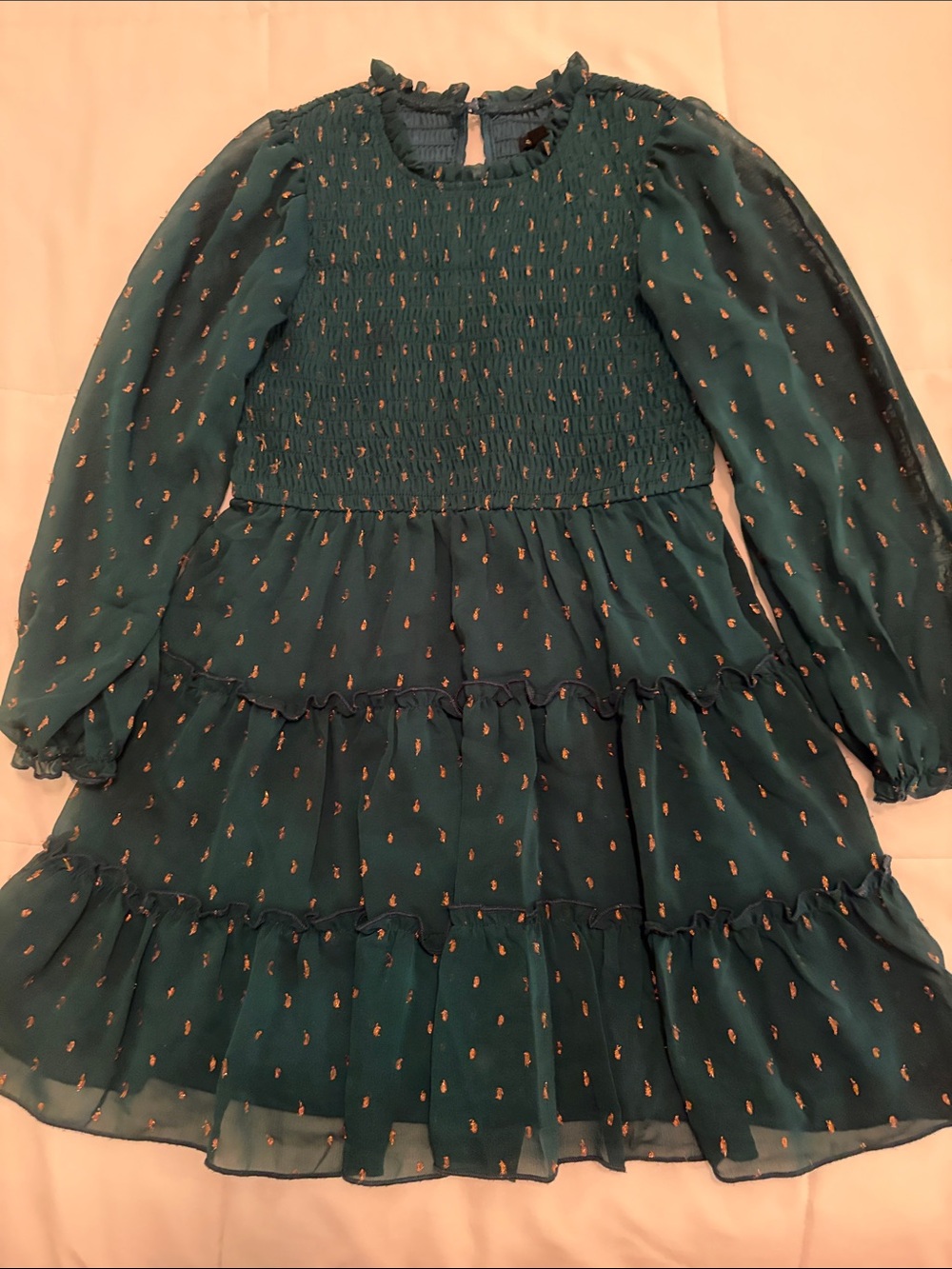 Zunie - Girls' Hunter Green Long Sleeve Smocked Tiered Dress